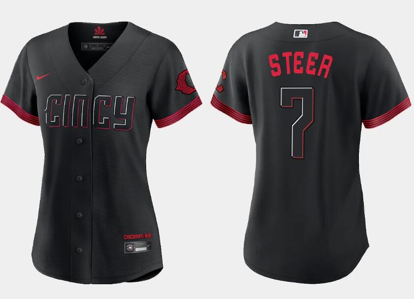 Women's Black Cincinnati Reds #7 Spencer Steer 2023 City Connect Stitched Baseball Jersey(Run Small)